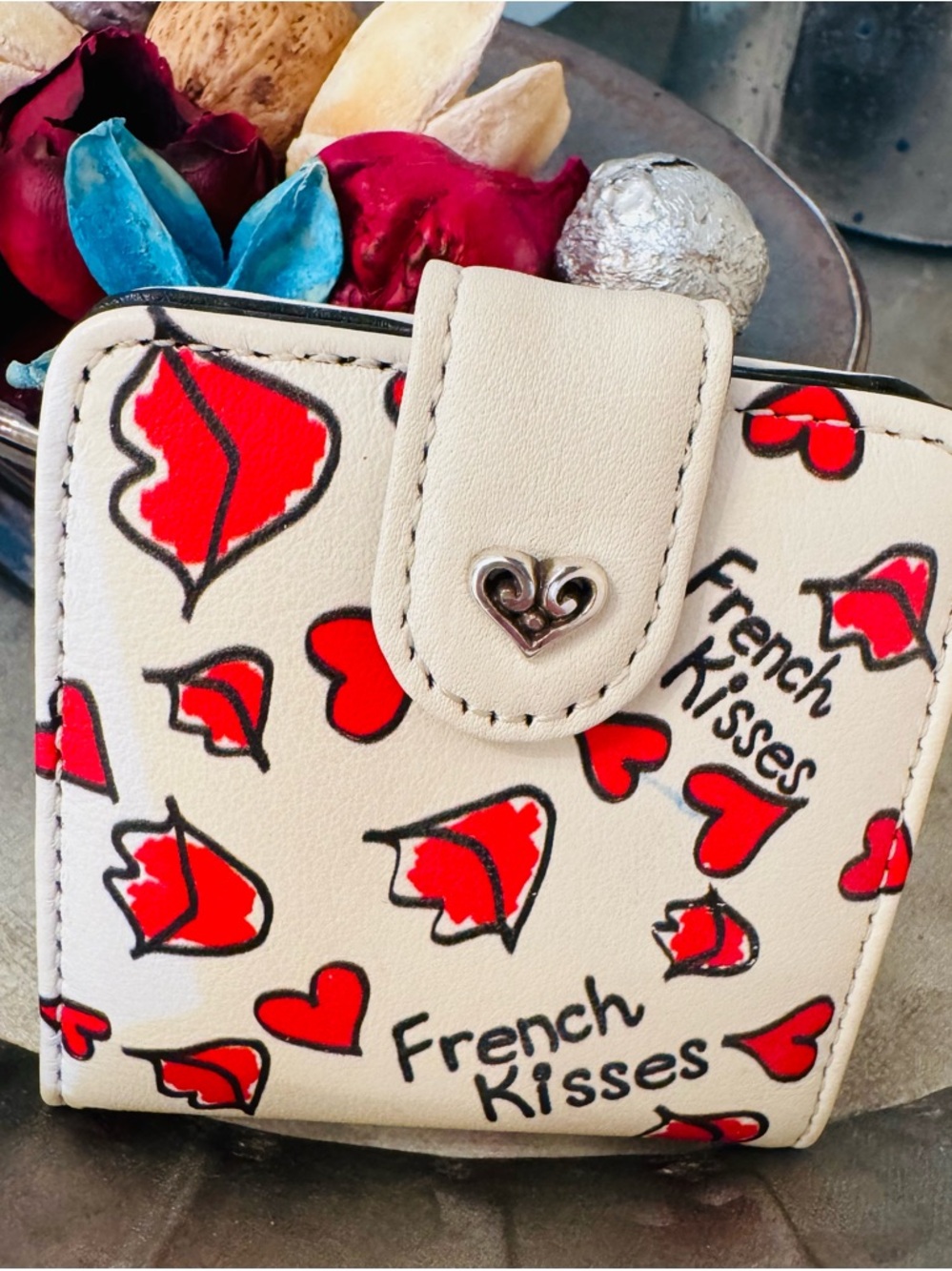 Brighton French Kisses Mirror  Case- Cream with Red Accents